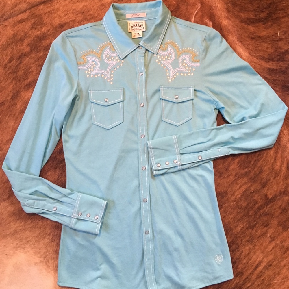 Turquoise Ariat rodeo shirt with bling